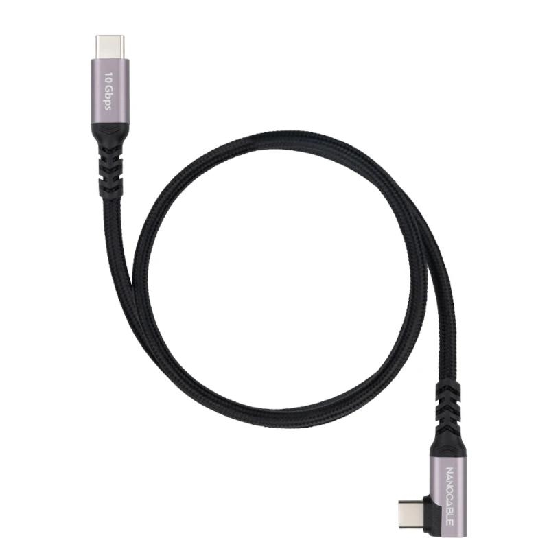 Foto de NANOCABLE Cable de Datos y Alimentación Nanocable USB-C 3.2 Gen2 Acodado 90° · PD 100W · 10 Gbps · 0.5m (PN: 10.01.4700)